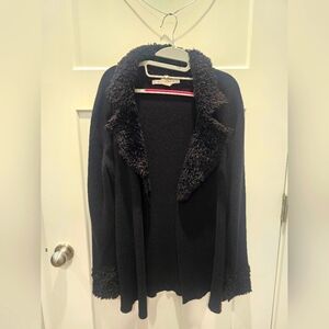 Max Studio Faux Fur Trim Knit Open Front Cardigan Sweater Size M